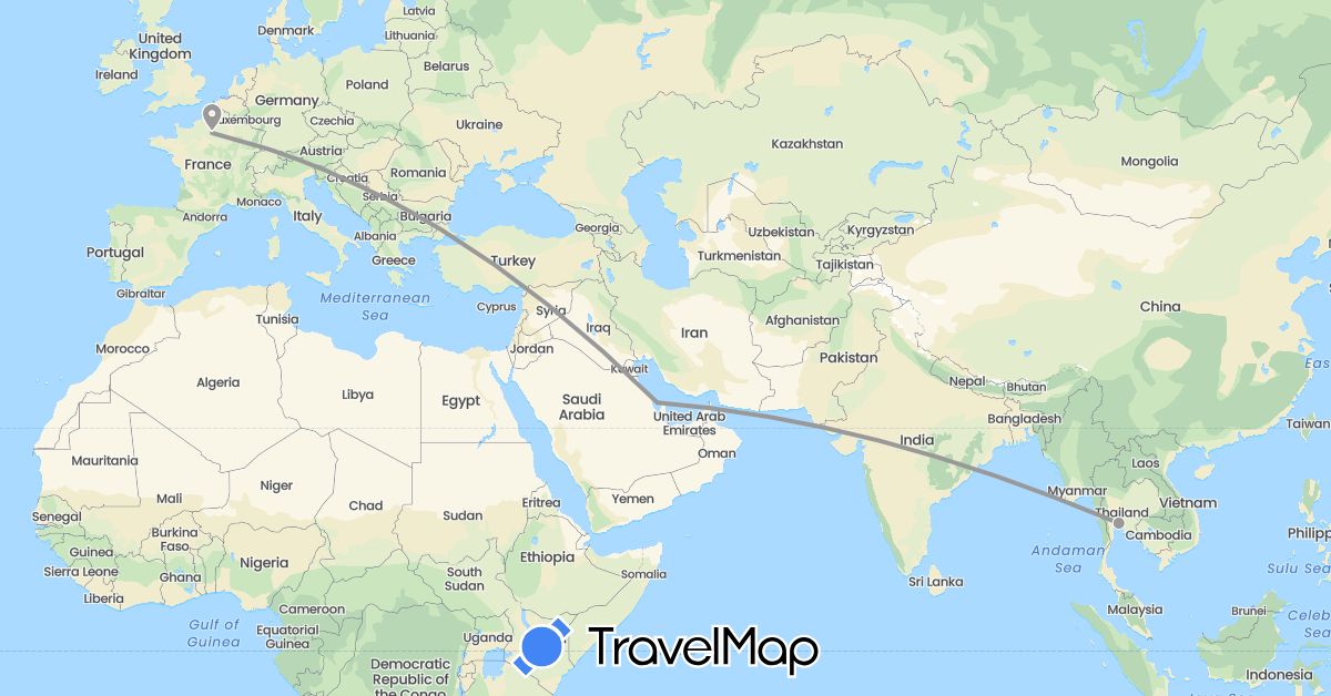 TravelMap itinerary: plane in Bahrain, France, Thailand (Asia, Europe)
